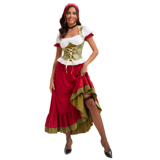 Damen nan kurzes Trachtenkleid im Dirndlstil mit floraler Spitzen-Schürze, geschnürter Miederfront und geraffter Carmenbluse Shop Nory
