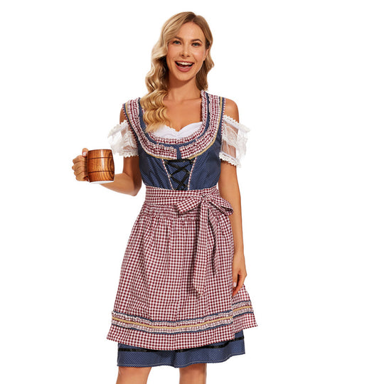 Damen nan traditionelles Dirndlkleid mit kariertem Schürzenrock, Schnürung und Spitzenärmeln Shop Nory
