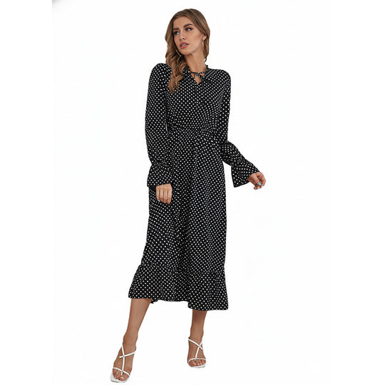 Damen Polka‑Dot Midikleid mit Schlüsselloch‑Detail, Smok‑Taille und Volantsaum Shop Nory
