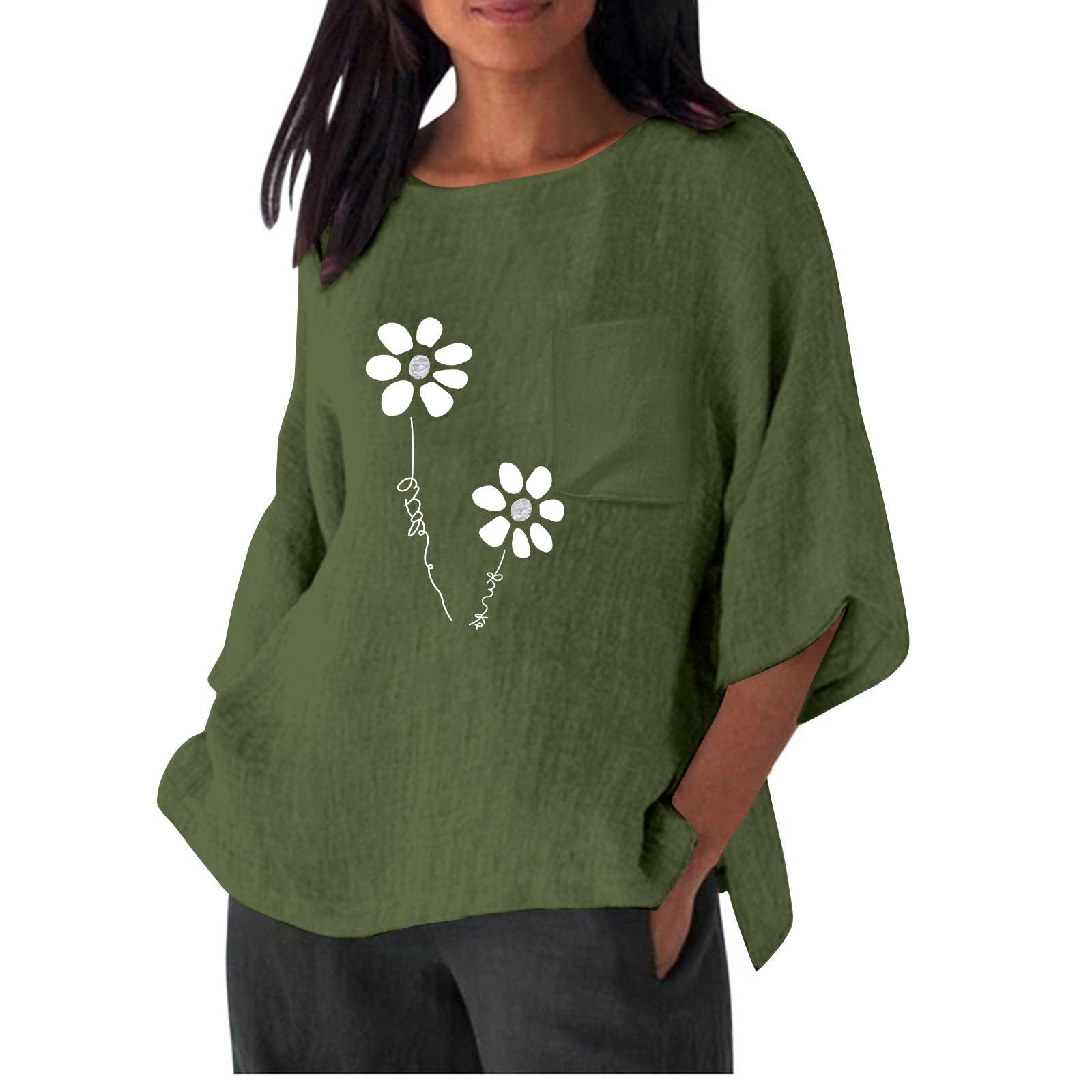 Damen lässiges Blusenshirt mit einzigartigem Blumenprint und praktischem Brusttaschen Shopnory