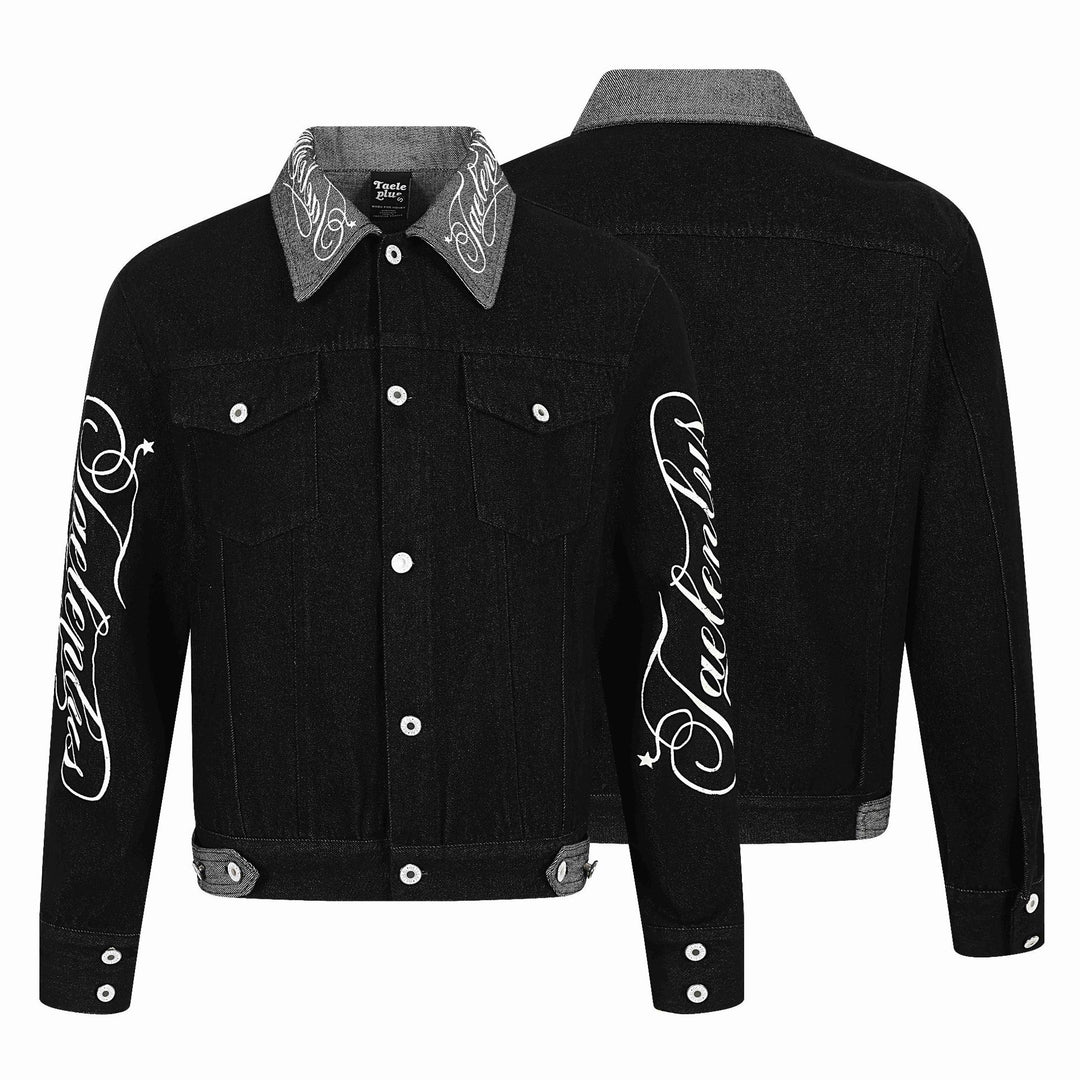 Herren Denim-Blousonjacke mit Kontrastkragen und grafischen Ärmelprints Shop Nory