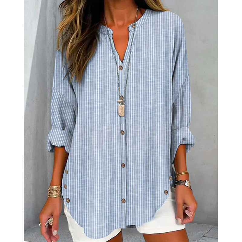 Damen Langarm Blusenshirt mit Knopfleiste und asymmetrischem Saum