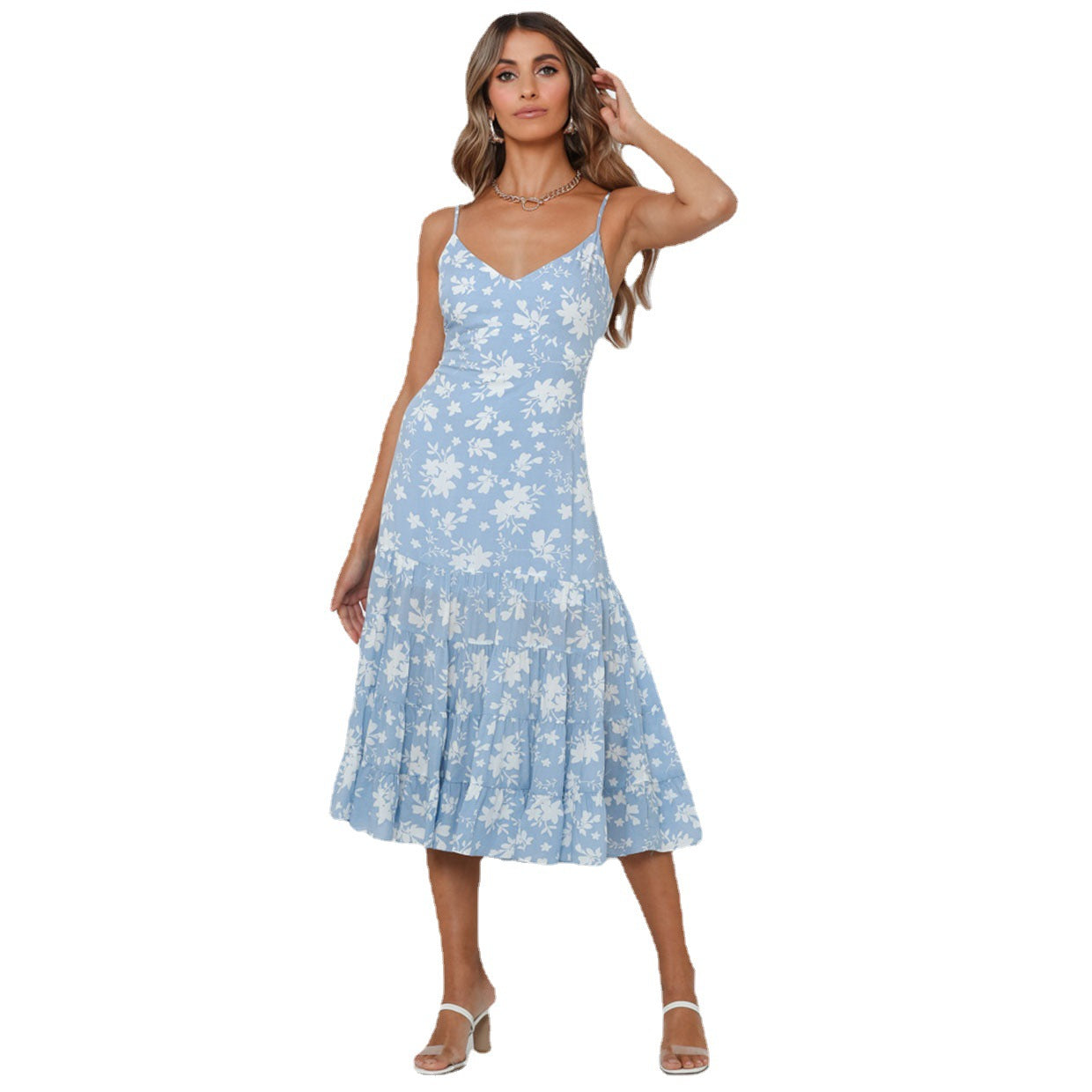 Damen Midi-Kleid mit floralen Rüschen und schwingendem Rock Shopnory
