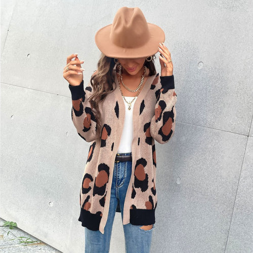 Damen Longline Cardigan im Leo-Jacquard mit offener Front und Rippbündchen Shop Nory