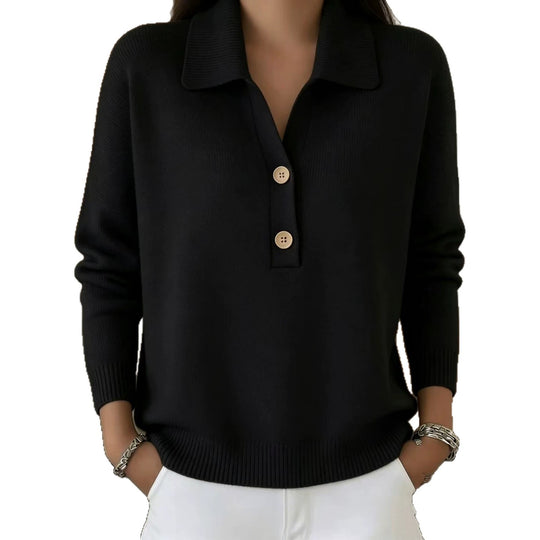 Damen lässiger Feinstrickpullover mit Polokragen und Zwei-Knopf-Leiste Shop Nory
