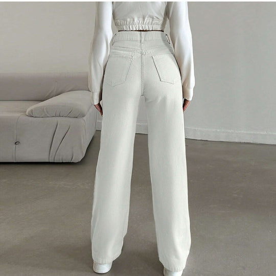 Damen Hochtaillierte weite Fünf-Taschen-Hose aus elastischem Denim mit ausgestelltem Bein Shop Nory