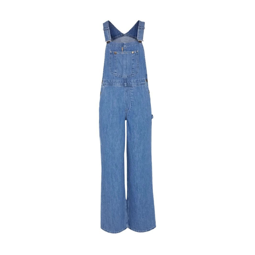 Damen Denim-Latzhose mit weitem Bein und verstellbaren Trägern