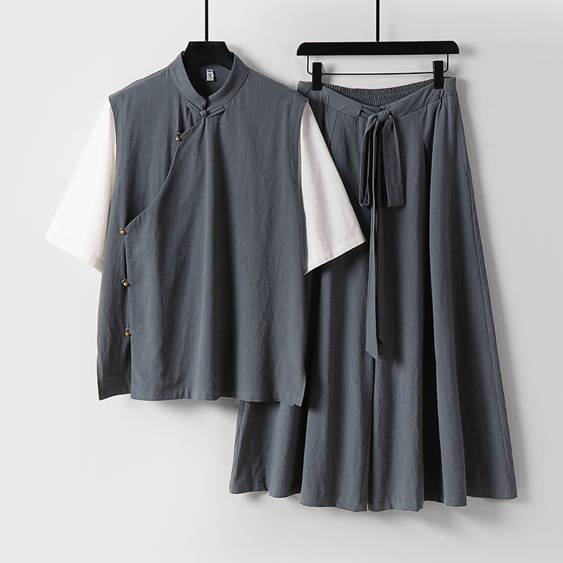 Damen Zweiteiliges Kimono-Loungewear-Set aus Leinenmischung mit Stehkragen asymmetrischer Knopfleiste und weitem Palazzo-Hosenrock Shop Nory