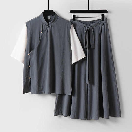 Damen Zweiteiliges Kimono-Loungewear-Set aus Leinenmischung mit Stehkragen asymmetrischer Knopfleiste und weitem Palazzo-Hosenrock Shop Nory