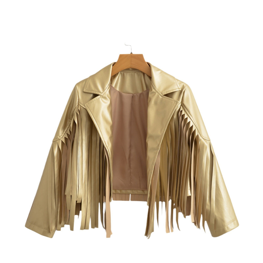 Damen Kurzjacke im Bikerstil mit Metallic‑Optik und langen Lederfransen Shop Nory