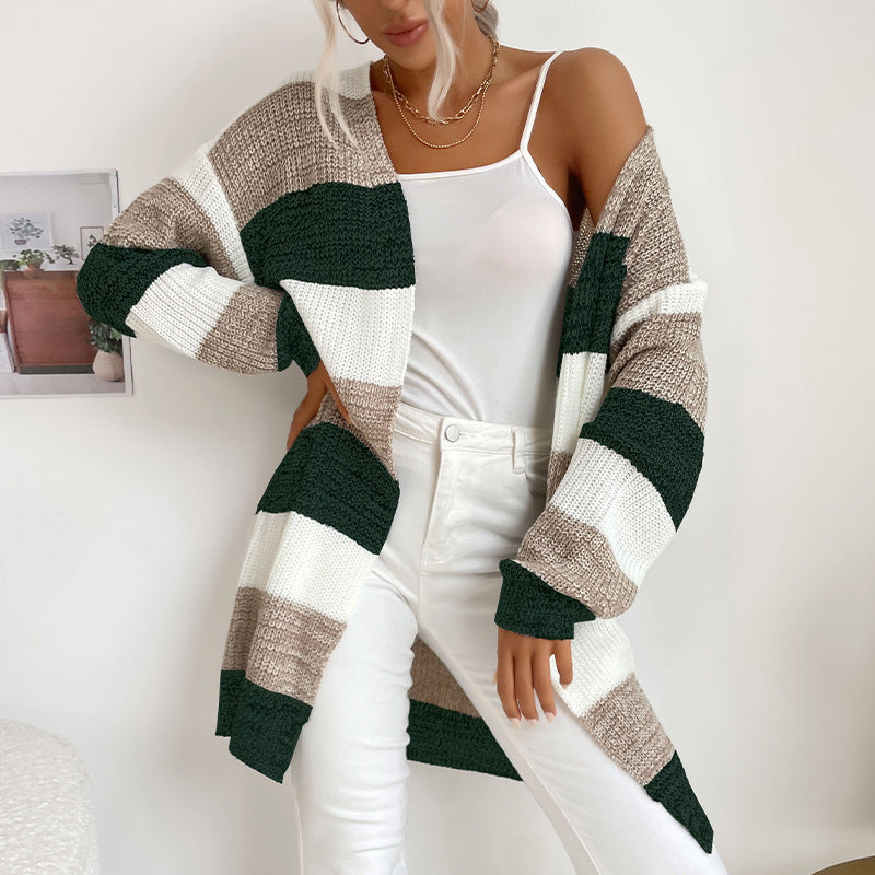 Damen Langer Oversize-Strickcardigan mit Blockstreifen und offener Front Shop Nory