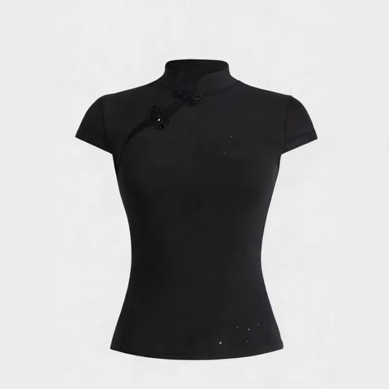 Damen Chinesisch inspirierte Bluse mit modernem Stehkragen und floralen Details