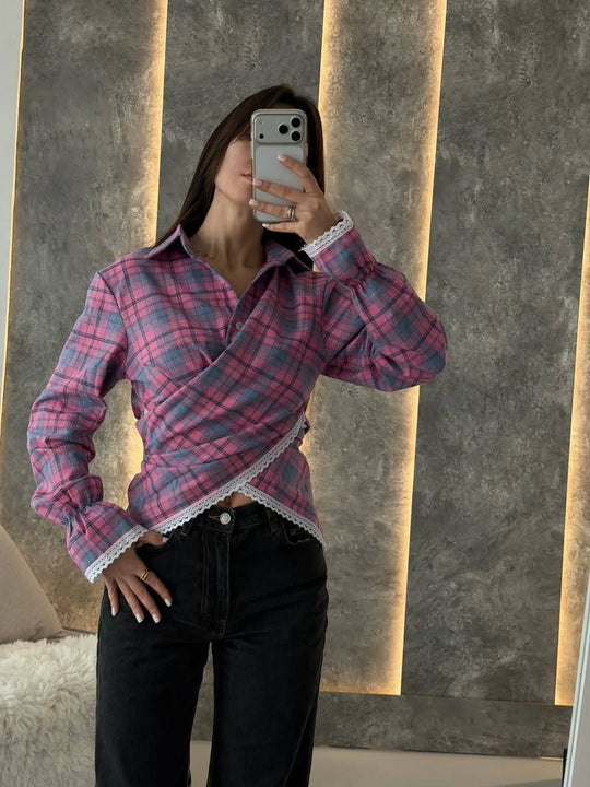 Damen kariertes Hemd mit Spitzenbesatz und asymmetrischem Wickel-Saum Shop Nory