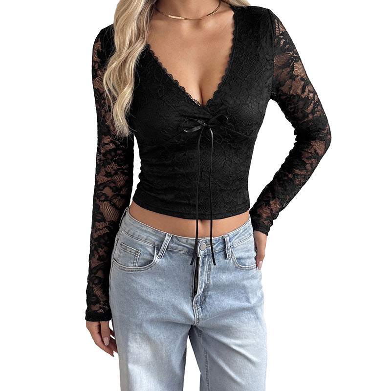 Damen Enganliegendes Spitzen-Cropped-Top mit V-Ausschnitt und BindShop Noryand Shop Nory