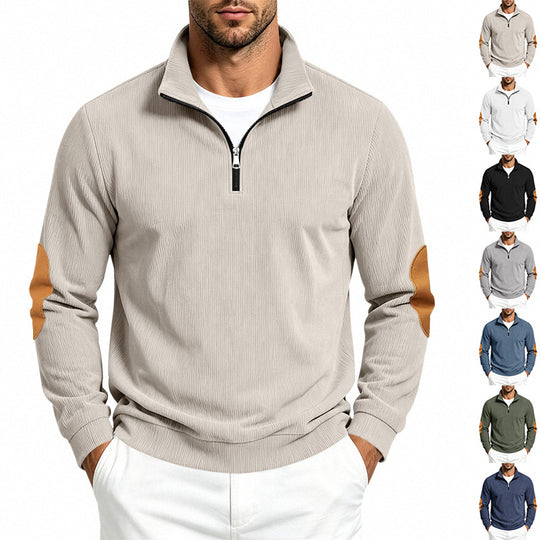 Herren Leichter Struktur-Halbzip-Pullover mit Cord‑Ellbogenpatches und Stehkragen Shop Nory