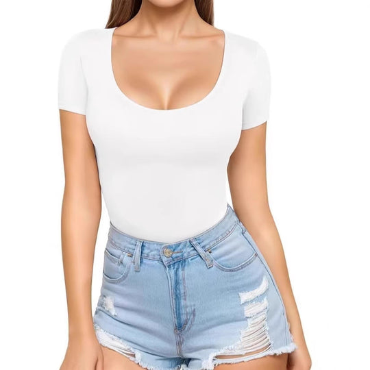 Damen figurbetontes Kurzarm-Body mit rundem Ausschnitt und nahtlosem Design