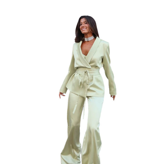 Damen Satin-Zweiteiler mit tailliertem Wickelblazer und weiter Palazzo-Hose Shop Nory