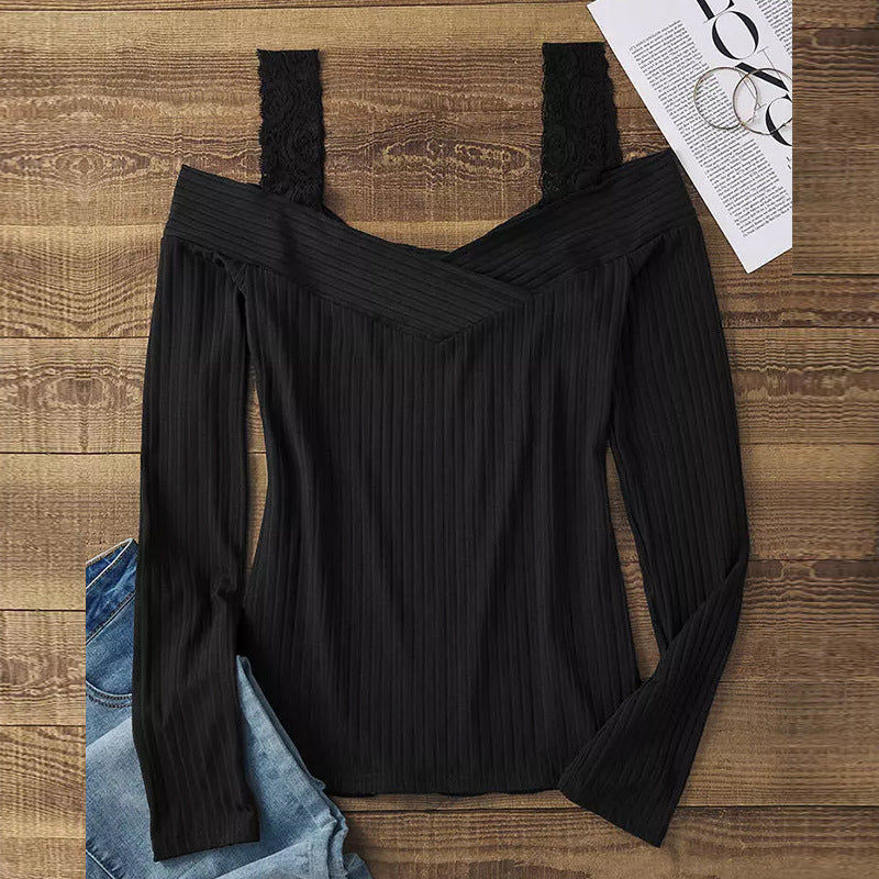 Damen Schulterfreies Langarmshirt mit V-Ausschnitt und Spitzen-Trägern Shop Nory