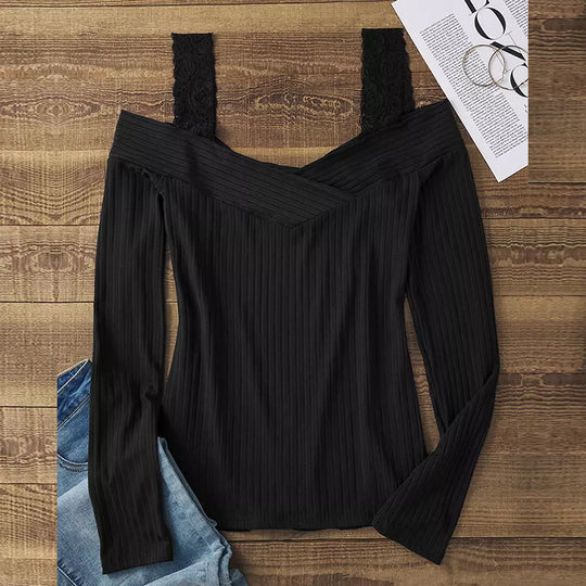Damen Schulterfreies Langarmshirt mit V-Ausschnitt und Spitzen-Trägern Shop Nory