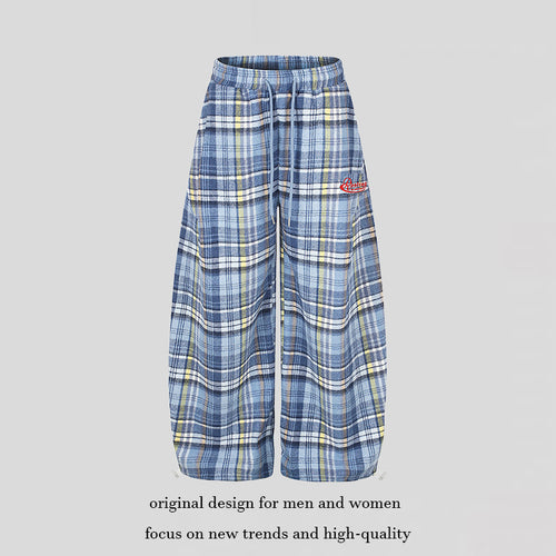 Damen Weite Karierte Palazzo-Loungehose mit hohem Komfortbund und Saumkordel Shop Nory