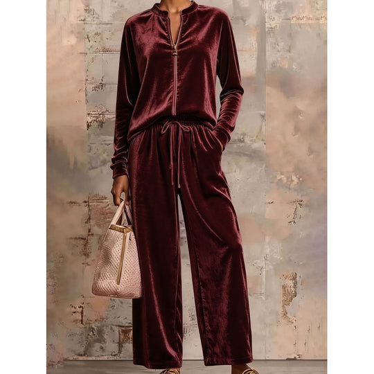 Damen Samt-Lounge-Set mit Stehkragen, Halbreißverschluss und weitem Palazzohose Shop Nory