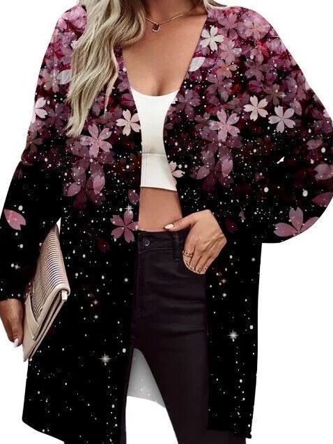 Damen Leichter Offener Longcardigan mit Federmotiv und Oversize-Ärmeln Shop Nory