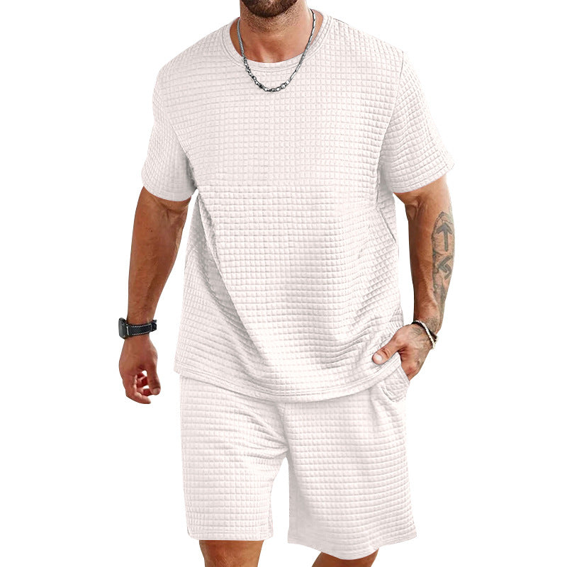 Herren nan Waffelstruktur Wohn- und Freizeit-Set mit weit geschnittenem Kurzarmshirt und kurzer Hose mit elastischem Bund