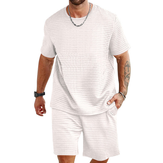Herren nan Waffelstruktur Wohn- und Freizeit-Set mit weit geschnittenem Kurzarmshirt und kurzer Hose mit elastischem Bund