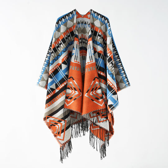 Damen Gewebter Fransenponcho mit Ethno-Jacquard und Oversize-Fall Shop Nory
