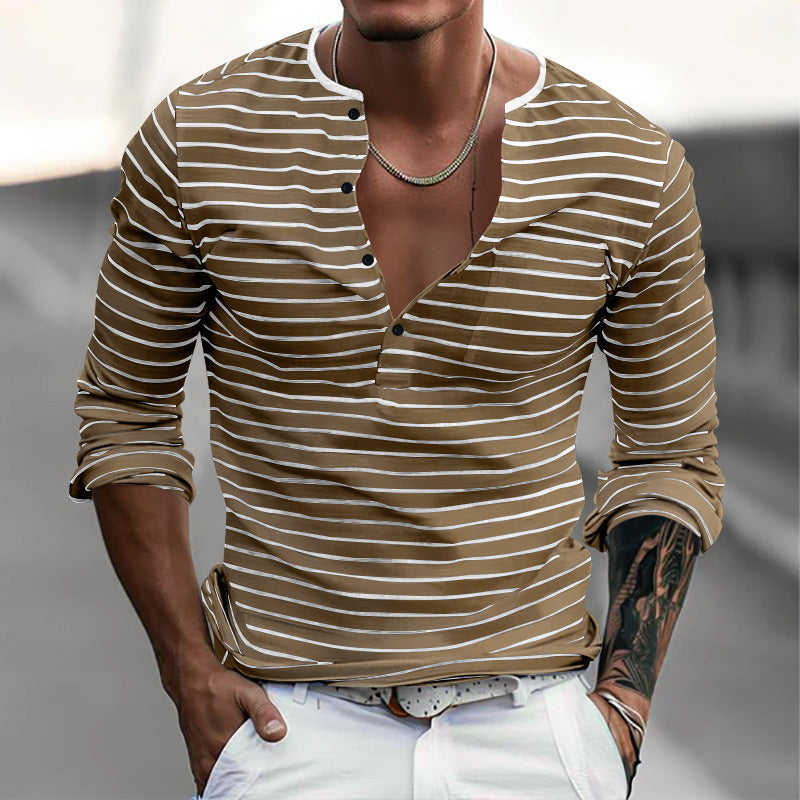 Herren Langarm-Henley-Shirt mit modischen Streifen und praktischen Knöpfen