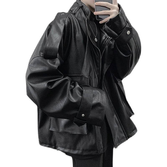 Herren Weitgeschnittene Kunstlederjacke mit Kapuze, Utility-Taschen und verstellbaren Manschetten Shop Nory