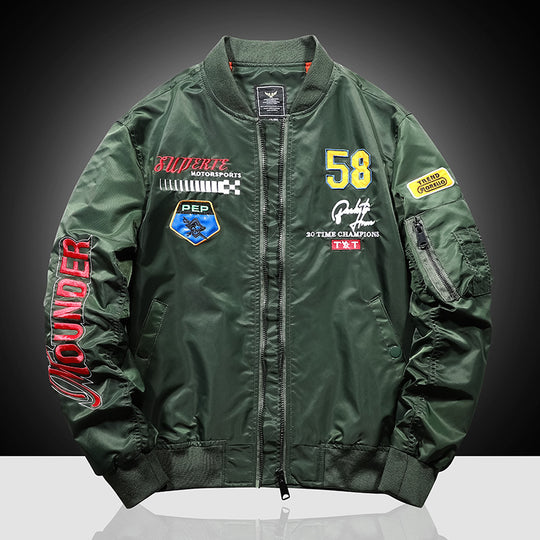Herren Patchverzierte Piloten‑Bomberjacke aus Nylon mit Ärmeltasche und Rippbündchen Shop Nory