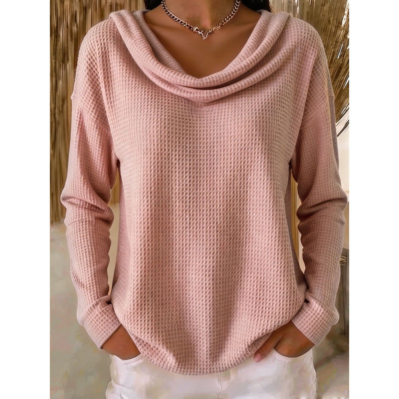 Damen Lässiger Waffelstrick-Pullover mit weitem Wasserfallkragen und gerundetem Saum Shop Nory