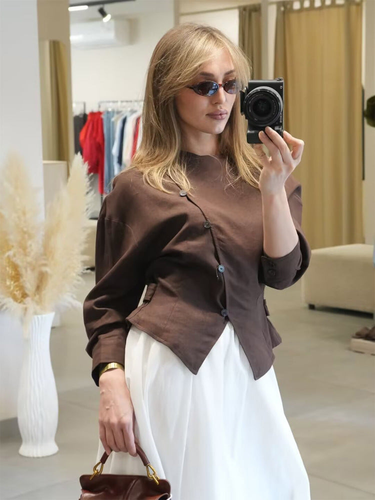 Damen Asymmetrische taillierte Bluse mit diagonaler Knopfleiste Shop Nory
