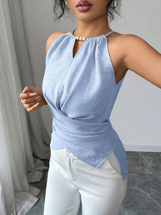 Damen Ärmelloses Twist-Halstops mit Holzperlen und asymmetrischem Saum Shop Nory
