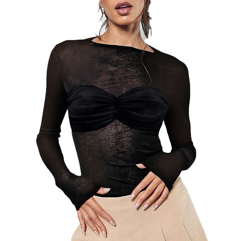Damen Transparentes Mesh-Crop-Top mit langen Ärmeln und geraffter Bustier-Optik Shop Nory