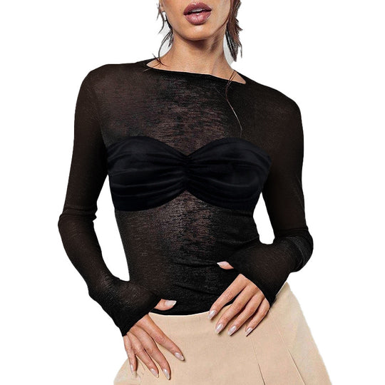Damen Transparentes Mesh-Crop-Top mit langen Ärmeln und geraffter Bustier-Optik Shop Nory