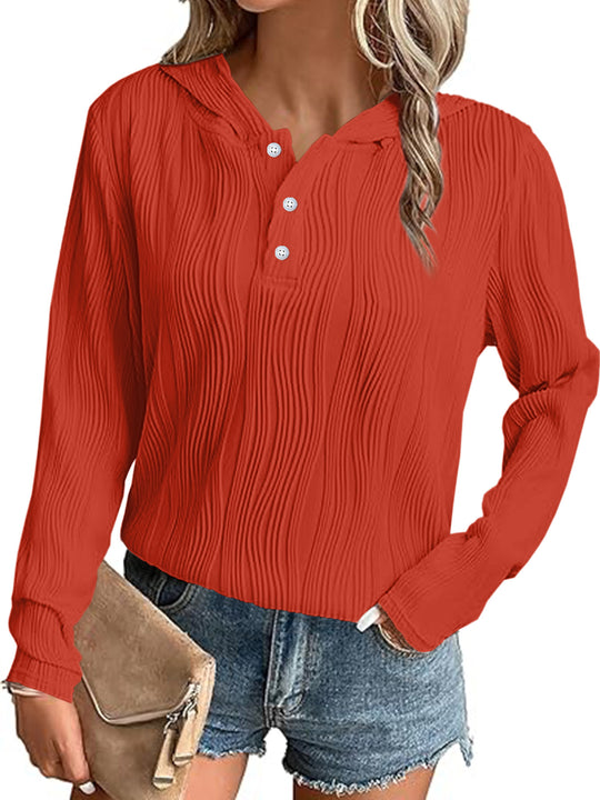 Damen Geripptes Kapuzen-Henleyshirt mit Knopfleiste und leichter Struktur Shop Nory