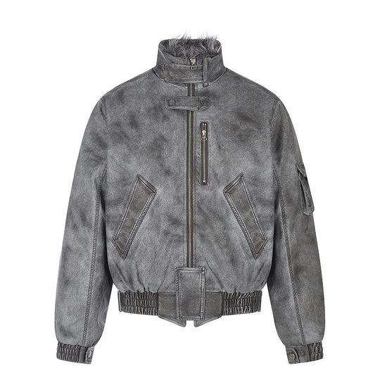 Herren wattierte Pilotjacke im Bomberstil mit hohem Kragen, Kunstfellbesatz und Taillengürtel Shop Nory