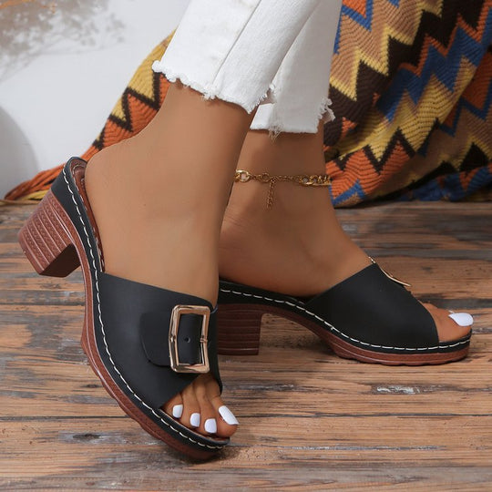 Damen Offene Slip-On Mules mit mittelhohem Blockabsatz und großer Zierschnalle Shop Nory