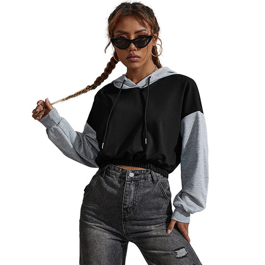 Damen Kurz geschnittener Cropped-Hoodie mit Colorblock-Ärmeln, Tunnelzug und elastischem Saum Shop Nory