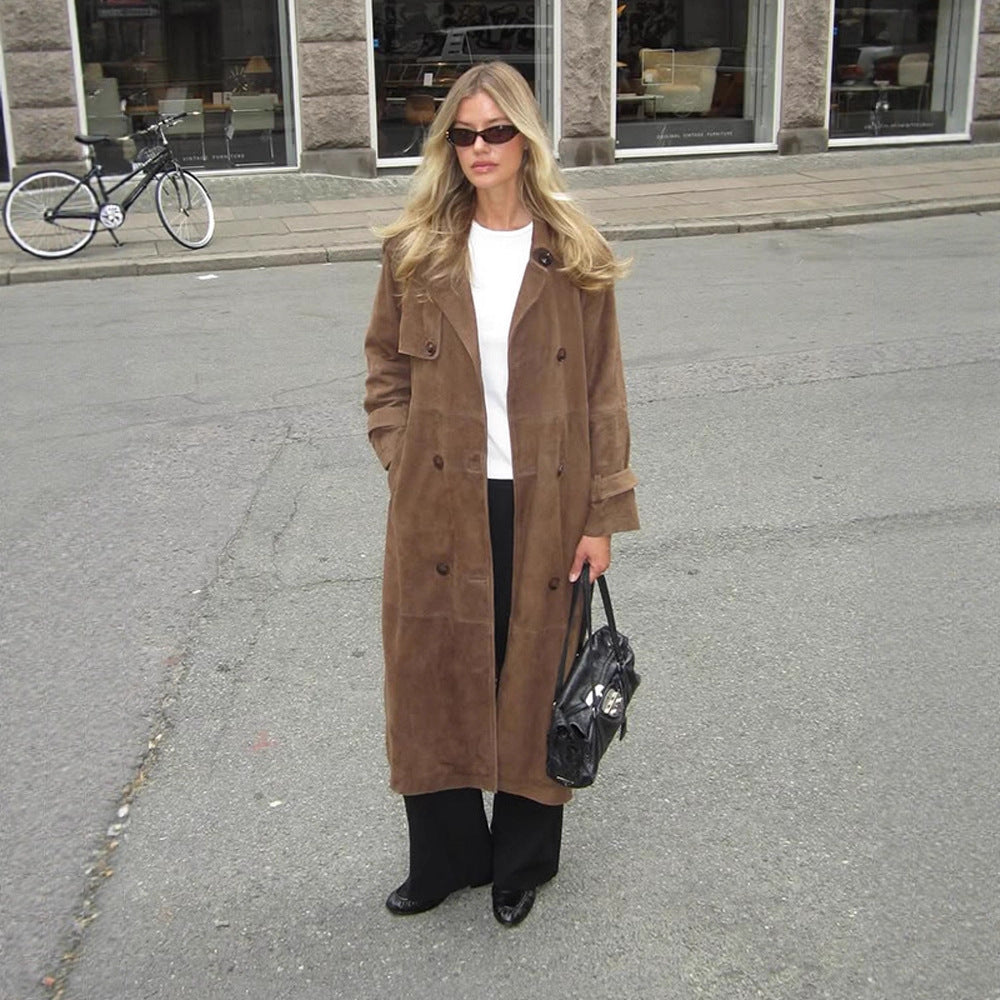Damen Langer Wildleder‑Trenchcoat mit doppelreihiger Knopfleiste Shop Nory