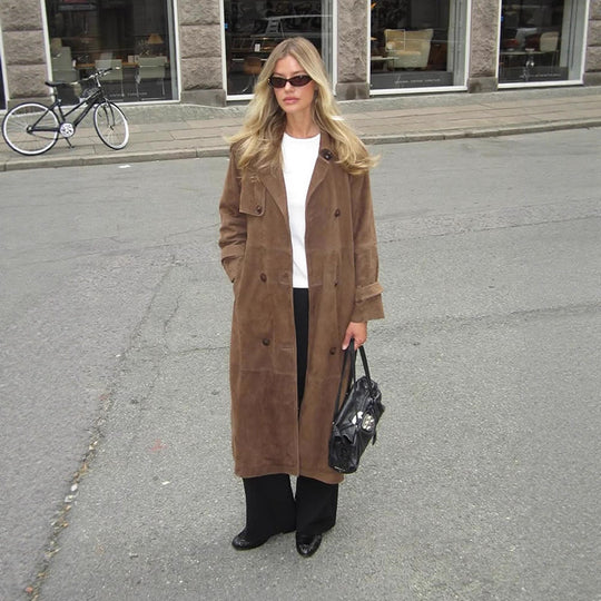 Damen Langer Wildleder‑Trenchcoat mit doppelreihiger Knopfleiste Shop Nory