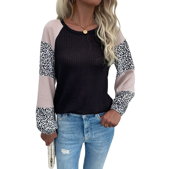 Damen Raglan-Langarmshirt aus Waffeljersey mit Colorblock-Ärmeln und Leoparden-Details Shop Nory