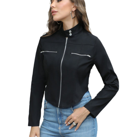 Damen Kurzjacke im Bikerstil mit Stehkragen, Metall-Reißverschlüssen & Druckknopfalte Shop Nory