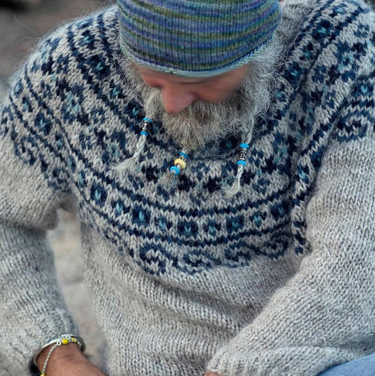 Damen nan melierter Rundhalsausschnittpullover mit kreisförmigem Jacquard-Yoke und geripptem Saum Shop Nory
