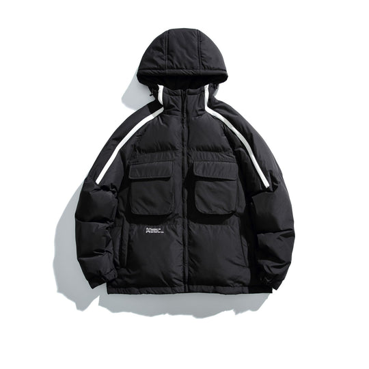 Unisex Kurz geschnittener Boxy-Puffer mit Kapuze, Kontraststreifen und großen Klappentaschen Shop Nory