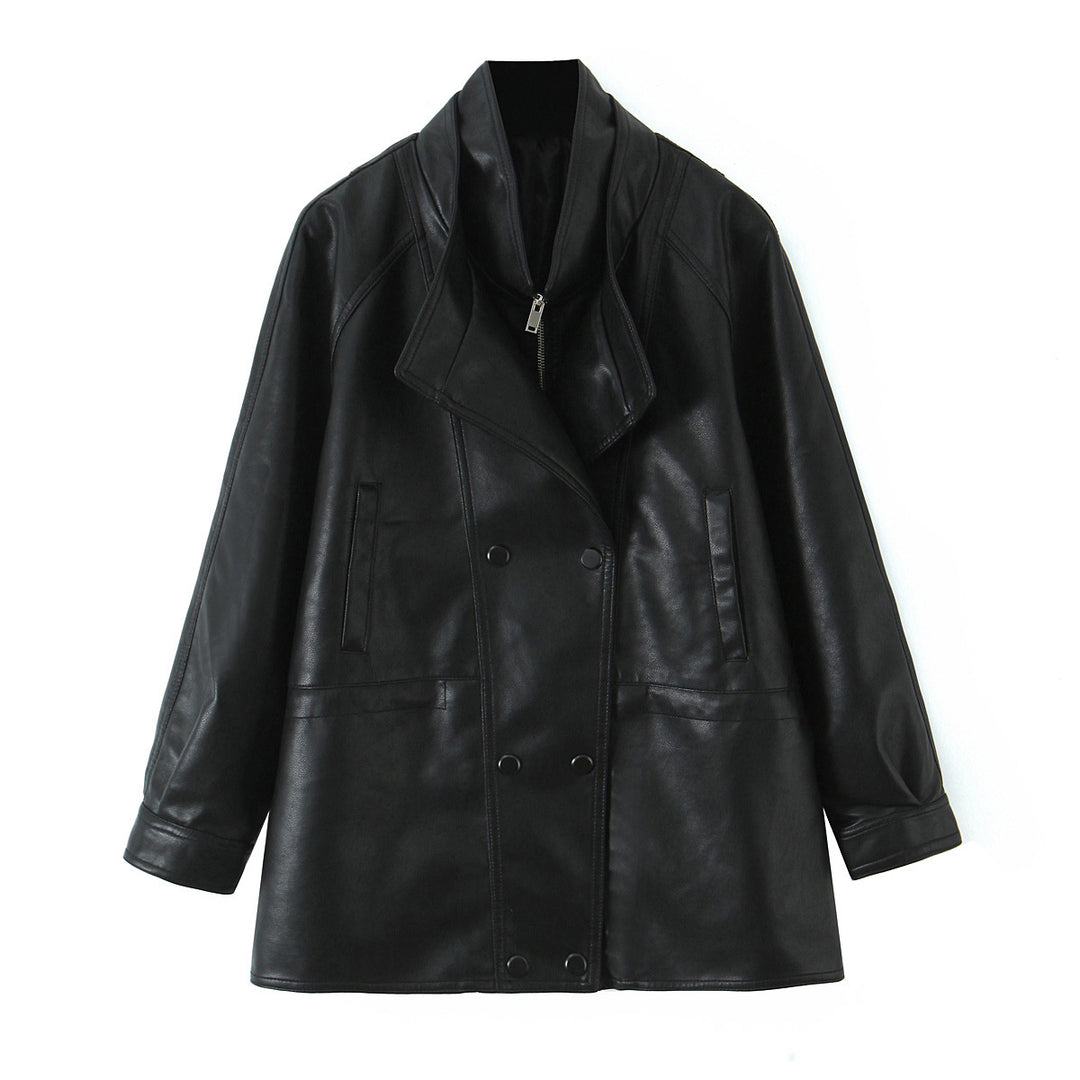 Damen Oversized Kunstlederjacke mit hohem Stehkragen und doppelreihiger Knopfleiste Shop Nory