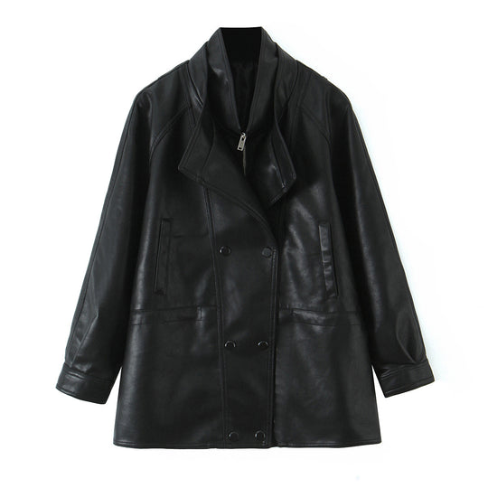 Damen Oversized Kunstlederjacke mit hohem Stehkragen und doppelreihiger Knopfleiste Shop Nory