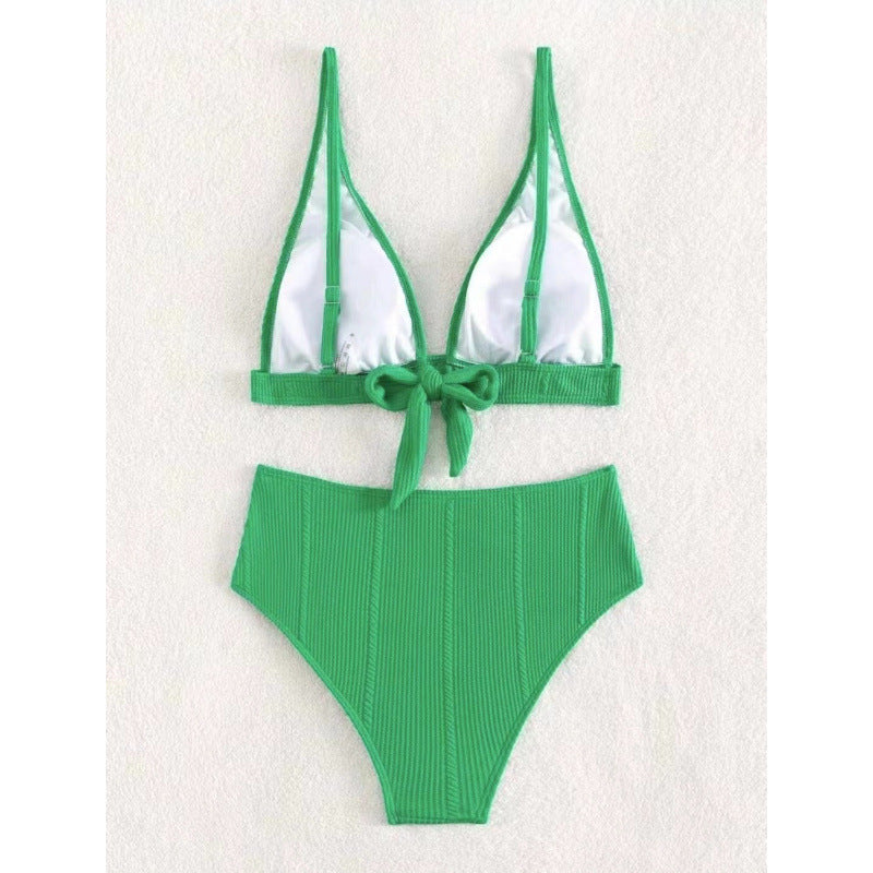 Damen Hochgeschnittener Bikini mit elegantem V-Ausschnitt und geripptem Design Shopnory